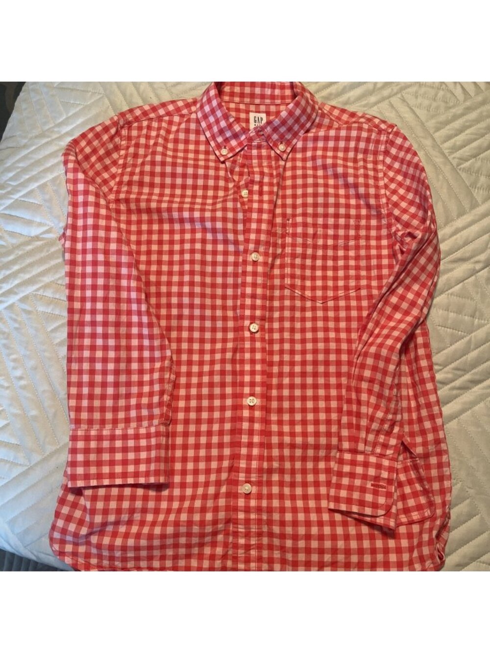 Gap Kids Button Down Shirt Boys L Red White Gingham Plaid Long Sleeve